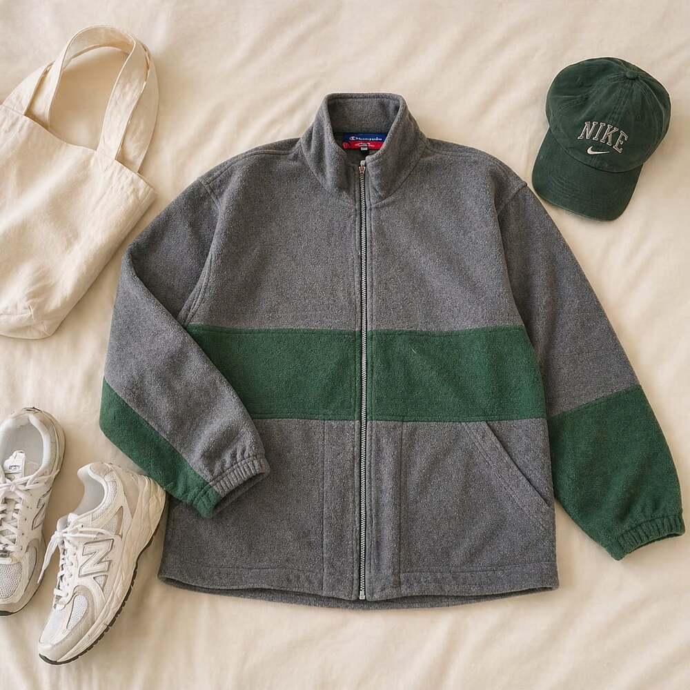 Champion Fleece Jacket Green Gray Zip Up Men’s XL Gorpcore Y2K